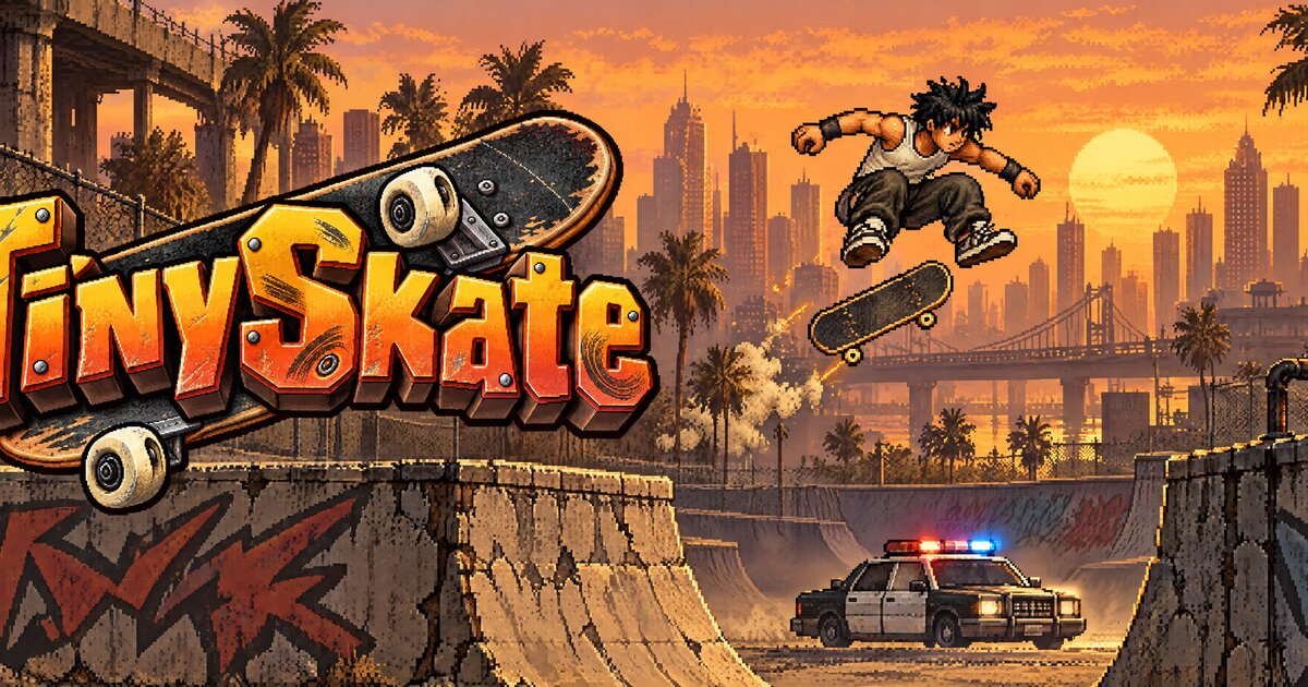 TinySkate: a pixel-art skater in the air over a sunset park