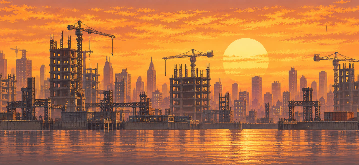 Construction: cranes and unfinished towers at sunset