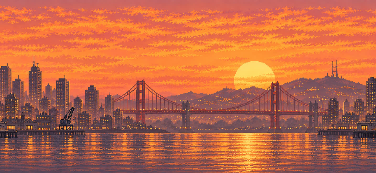 Hill Bomb: a city at sunset over the water