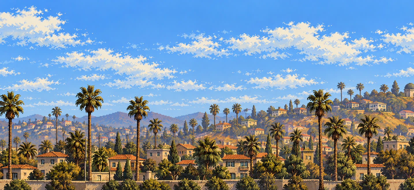 Backyard Pool: hillside houses and palms