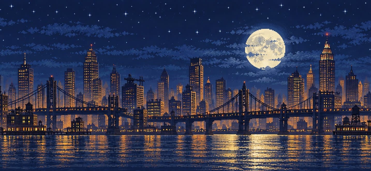 Rooftops: a night skyline and a full moon