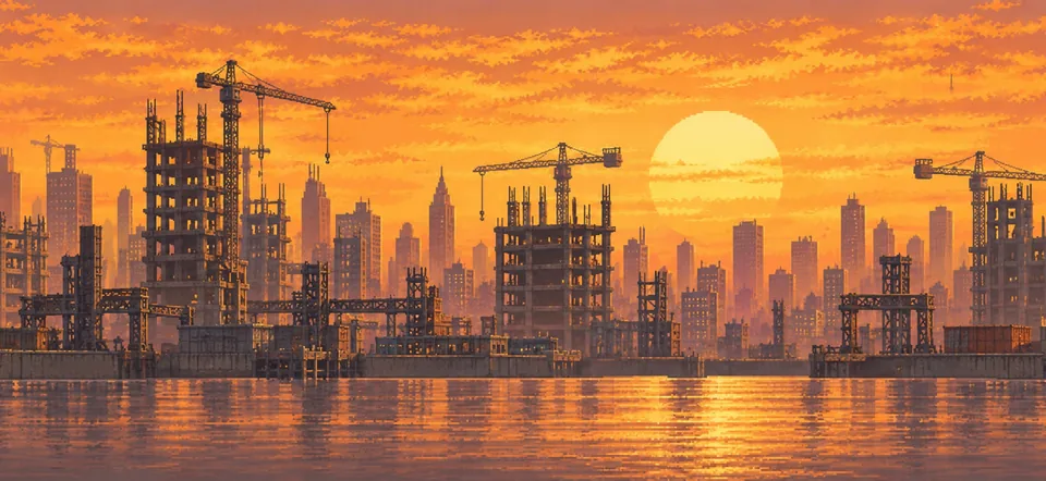 Construction in TinySkate: tower cranes and unfinished towers at sunset