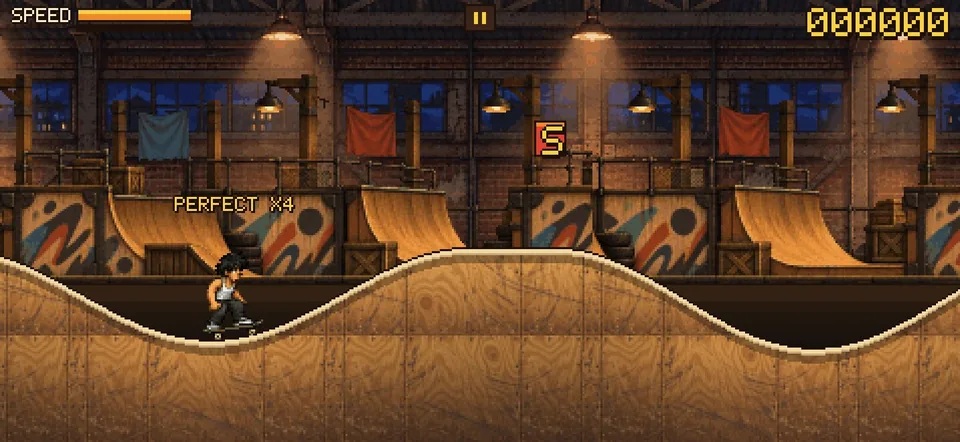 The Indoor Park in TinySkate: wooden ramps under warehouse lamps