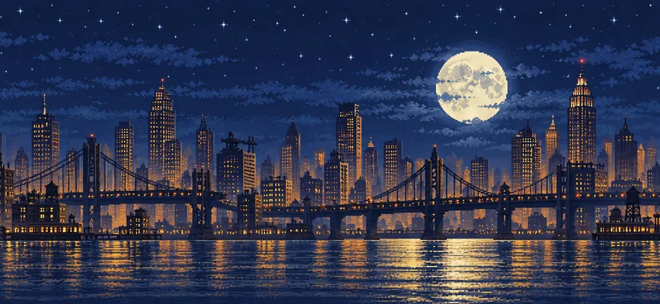 Rooftops in TinySkate: a night skyline with a full moon