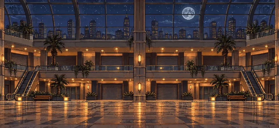 The Mall in TinySkate: a glass atrium at night with escalators