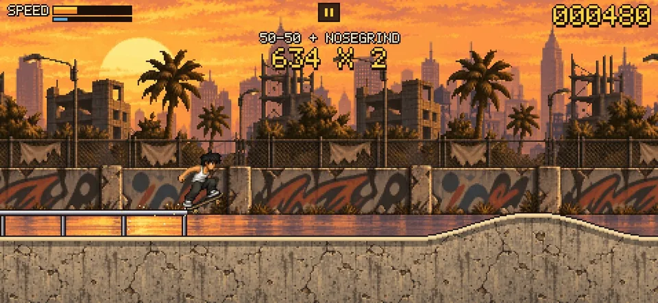 TinySkate: a pixel-art skater grinding a rail at sunset