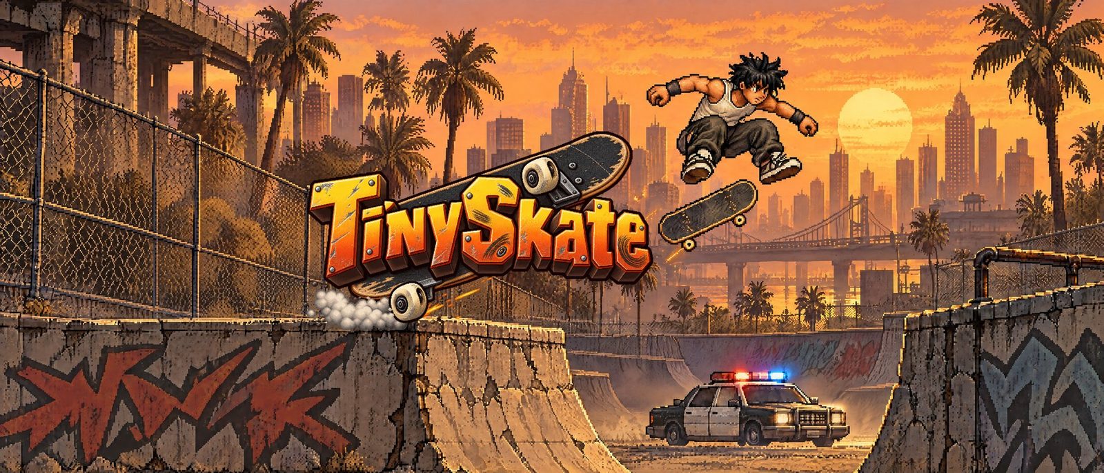 TinySkate logo with a pixel-art skater kickflipping over a sunset skatepark, a cop car parked below